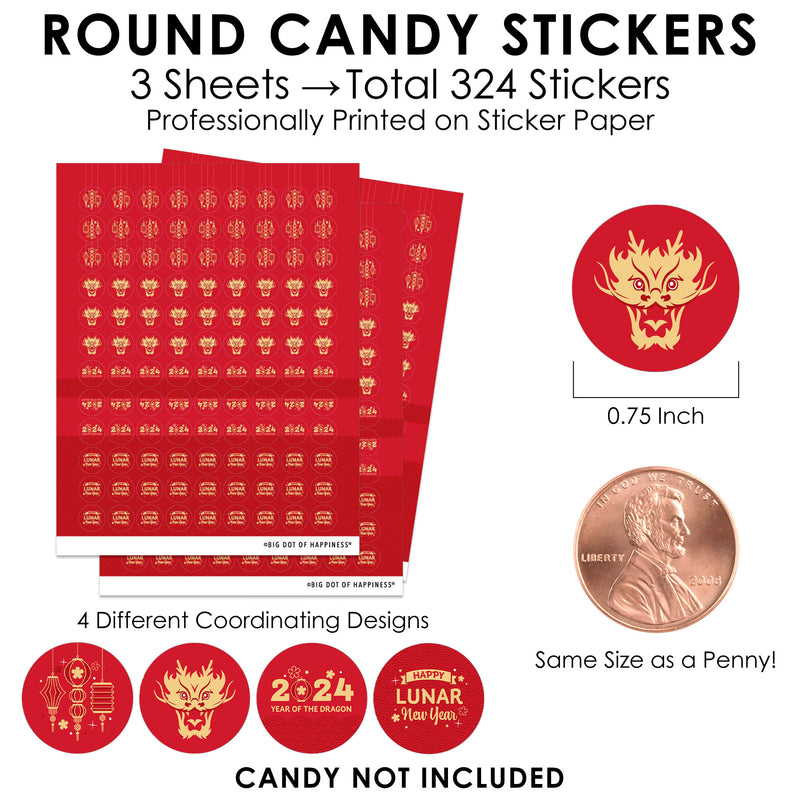 Lunar New Year - 2024 Year of the Dragon Small Round Candy Stickers - Party Favor Labels - 324 Count