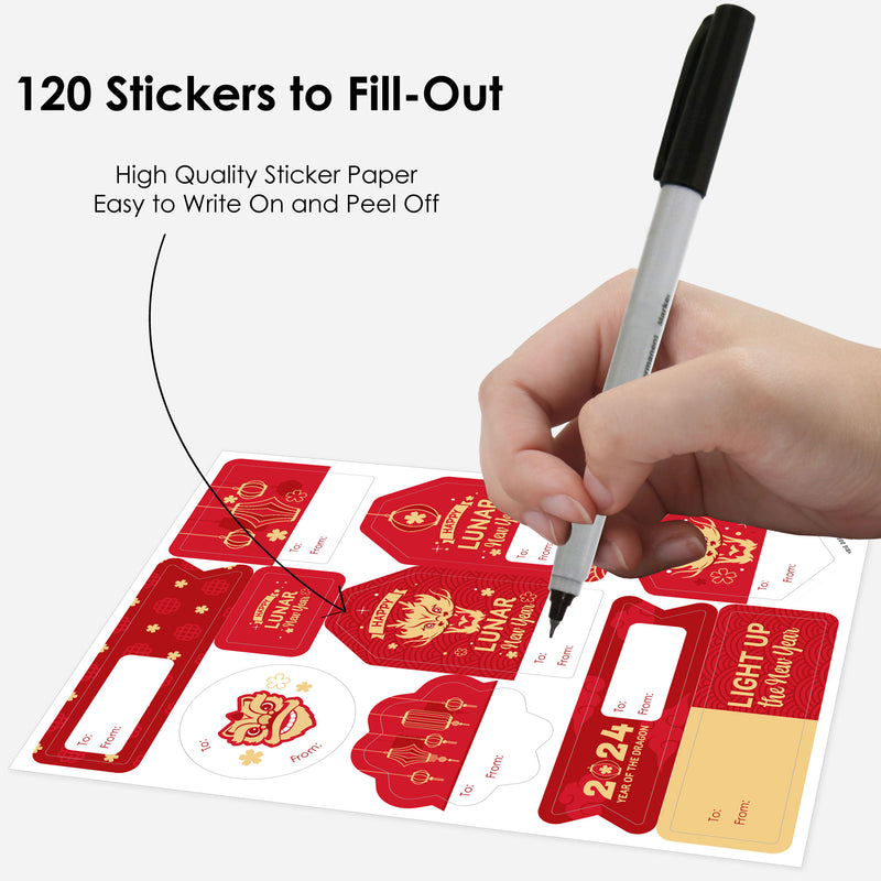Lunar New Year - Assorted 2024 Year of the Dragon Gift Tag Labels - To and From Stickers - 12 Sheets - 120 Stickers