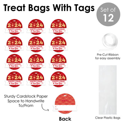 Lunar New Year - 2024 Year of the Dragon Clear Goodie Favor Bags - Treat Bags With Tags - Set of 12