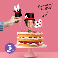 Magician hat and playing cards cake topper detail