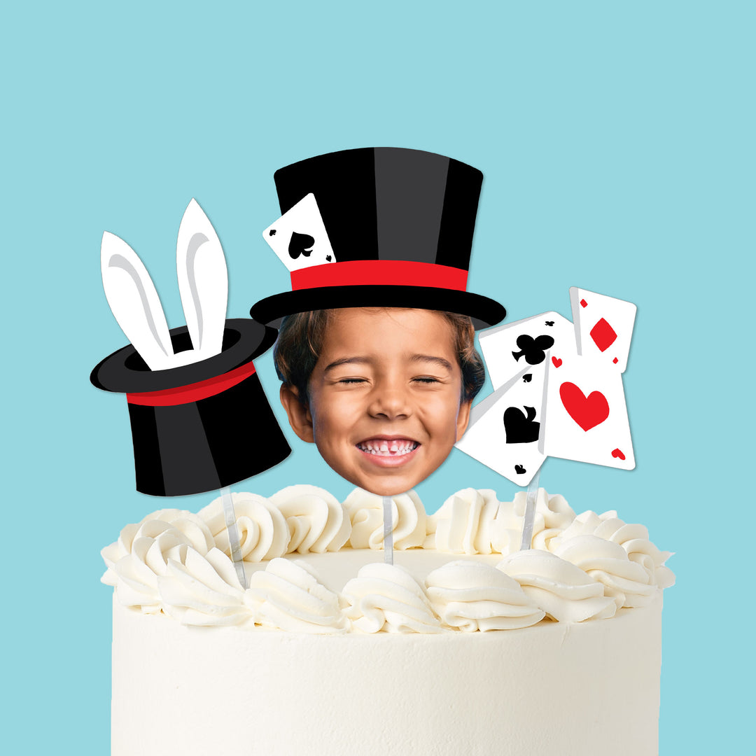 Magic show custom cake topper with photo face hat and cards