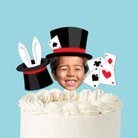 Magic show custom cake topper with photo face hat and cards