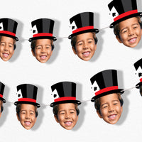 custom face Bunting banner with children's faces wearing magician top hats on a white background