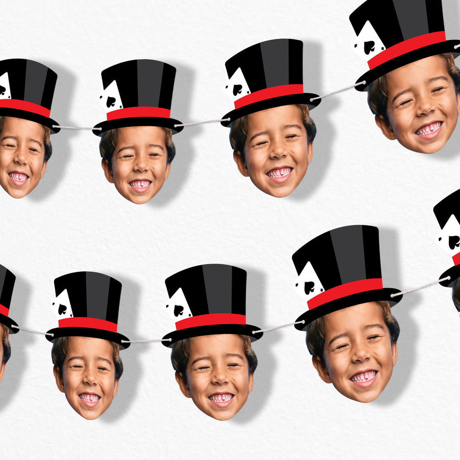 custom face Bunting banner with children's faces wearing magician top hats on a white background