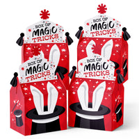 A set of red party favor boxes with a white rabbit and magic wand design, titled 'BOX OF MAGIC TRICKS'. The boxes are designed to hold treats for a birthday party.