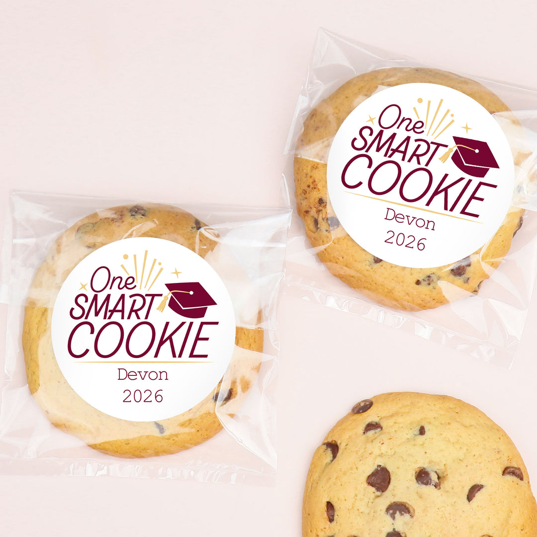 Maroon custom name One Smart Cookie sticker close-up