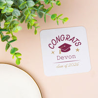 Maroon custom name and year coaster front detail