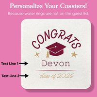 Personalized coaster with graduation design and text on a pink background
