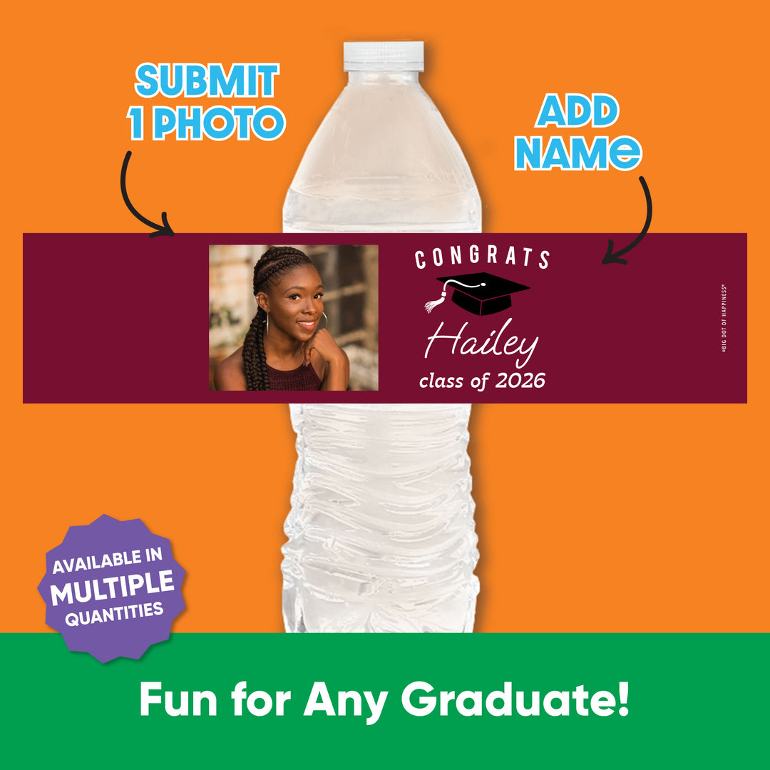 Custom Photo Maroon Graduation Water Bottle Labels