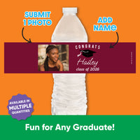 Custom Photo Maroon Graduation Water Bottle Labels