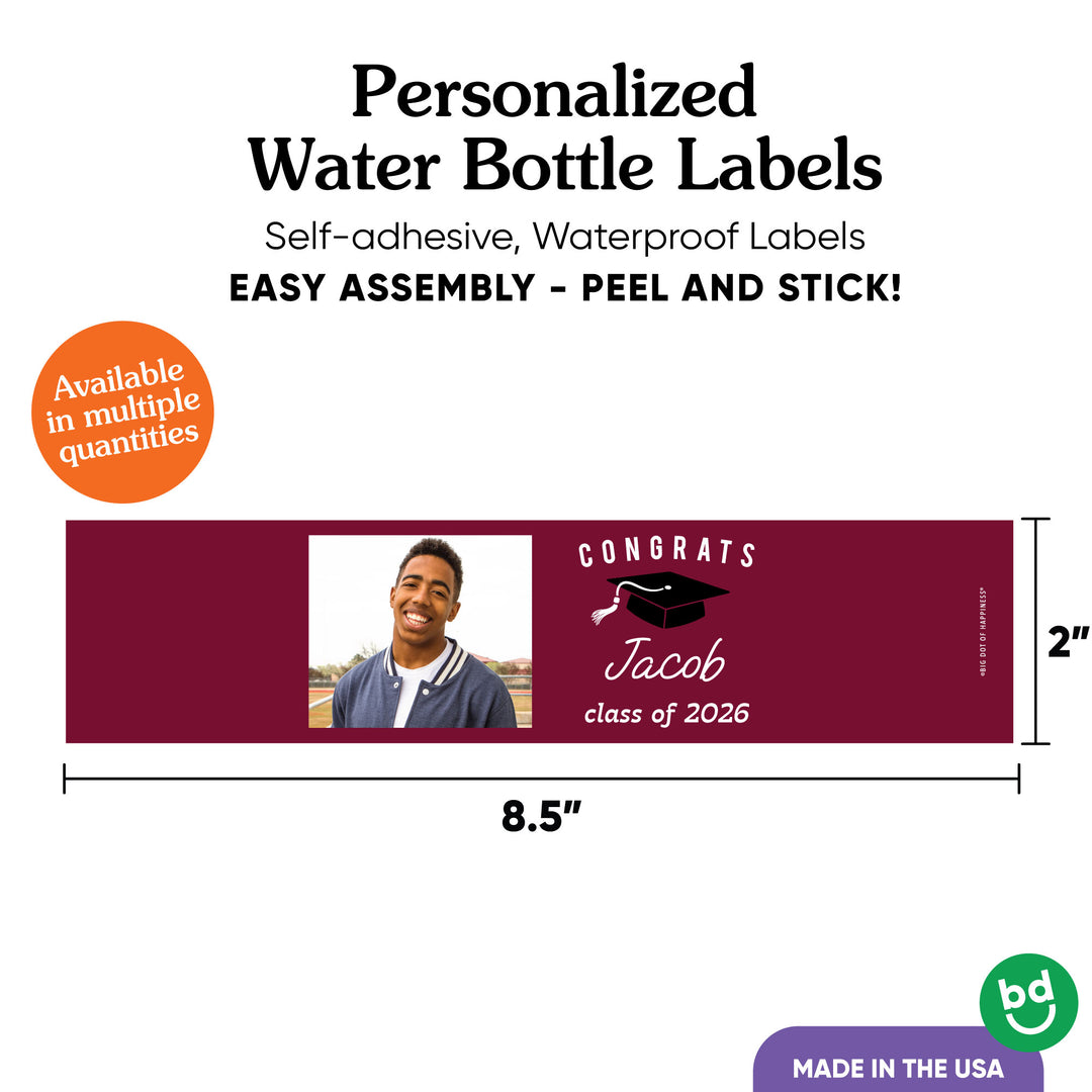Custom Photo Maroon Graduation Water Bottle Labels