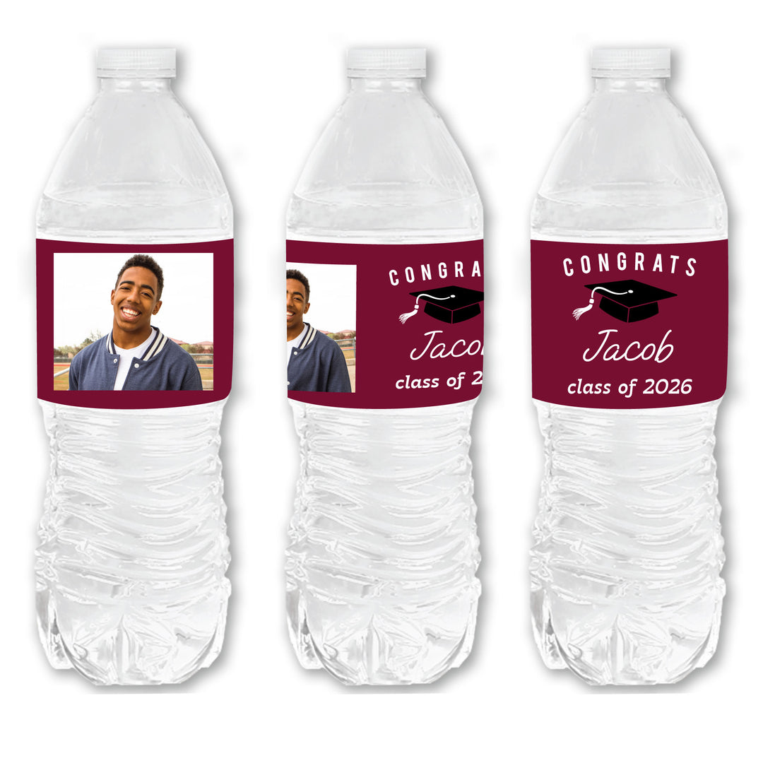 Custom Photo Maroon Graduation Water Bottle Labels