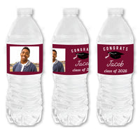 Custom Photo Maroon Graduation Water Bottle Labels