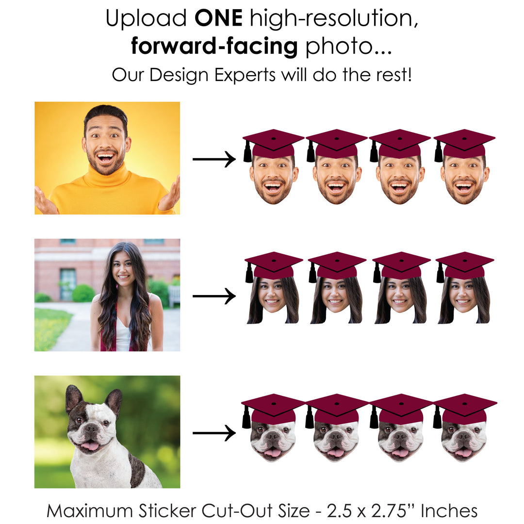 Custom Maroon Grad Cap Fun Face Cut-Out Stickers - Set of 24