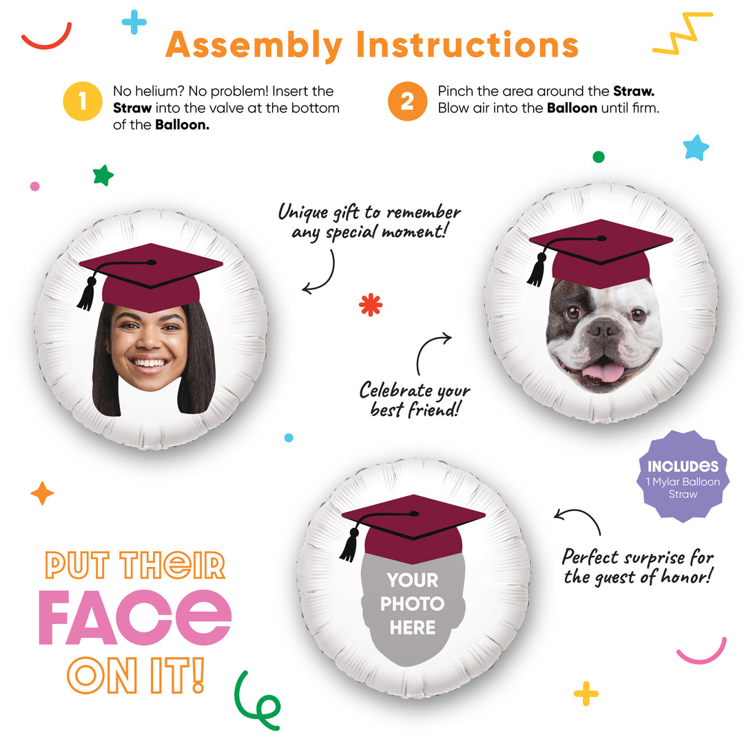 Personalized Fun Face Maroon Grad Cap Balloon - Double Sided - 1 Ct