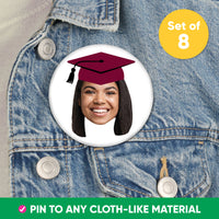 Custom Fun Face Maroon Grad Cap Pinback Buttons - 8 Ct