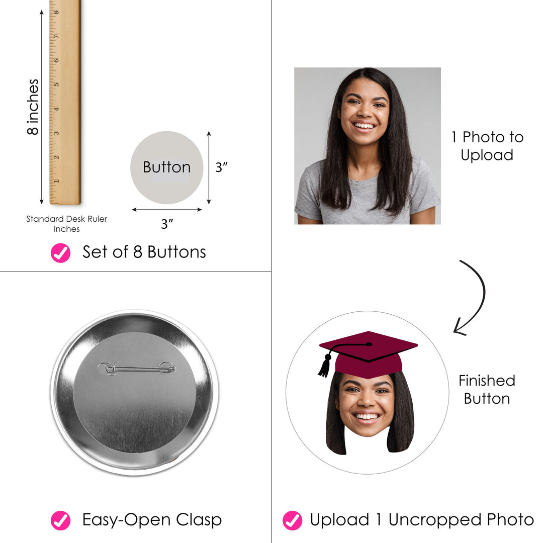 Custom Fun Face Maroon Grad Cap Pinback Buttons - 8 Ct
