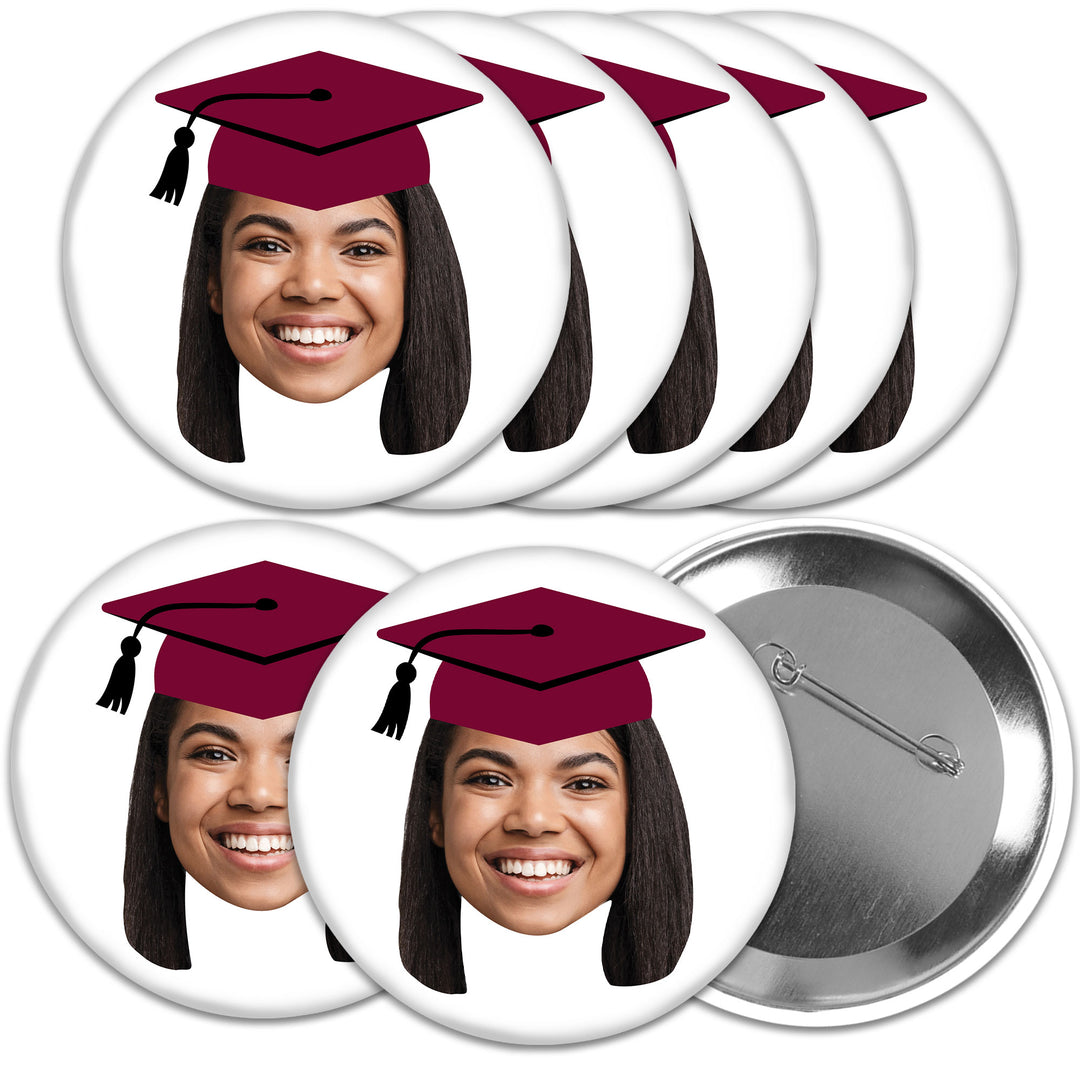 Custom Fun Face Maroon Grad Cap Pinback Buttons - 8 Ct