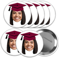 Custom Fun Face Maroon Grad Cap Pinback Buttons - 8 Ct