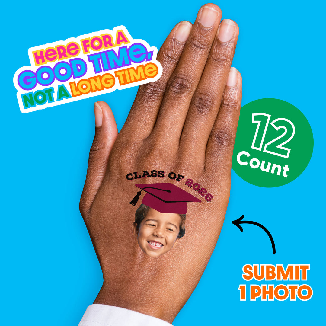Custom Maroon Grad Cap Temporary Tattoos - 12 Ct