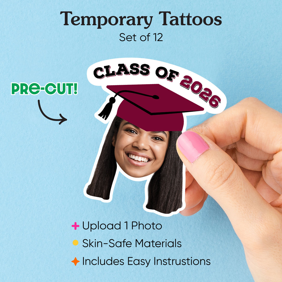 Custom Maroon Grad Cap Temporary Tattoos - 12 Ct