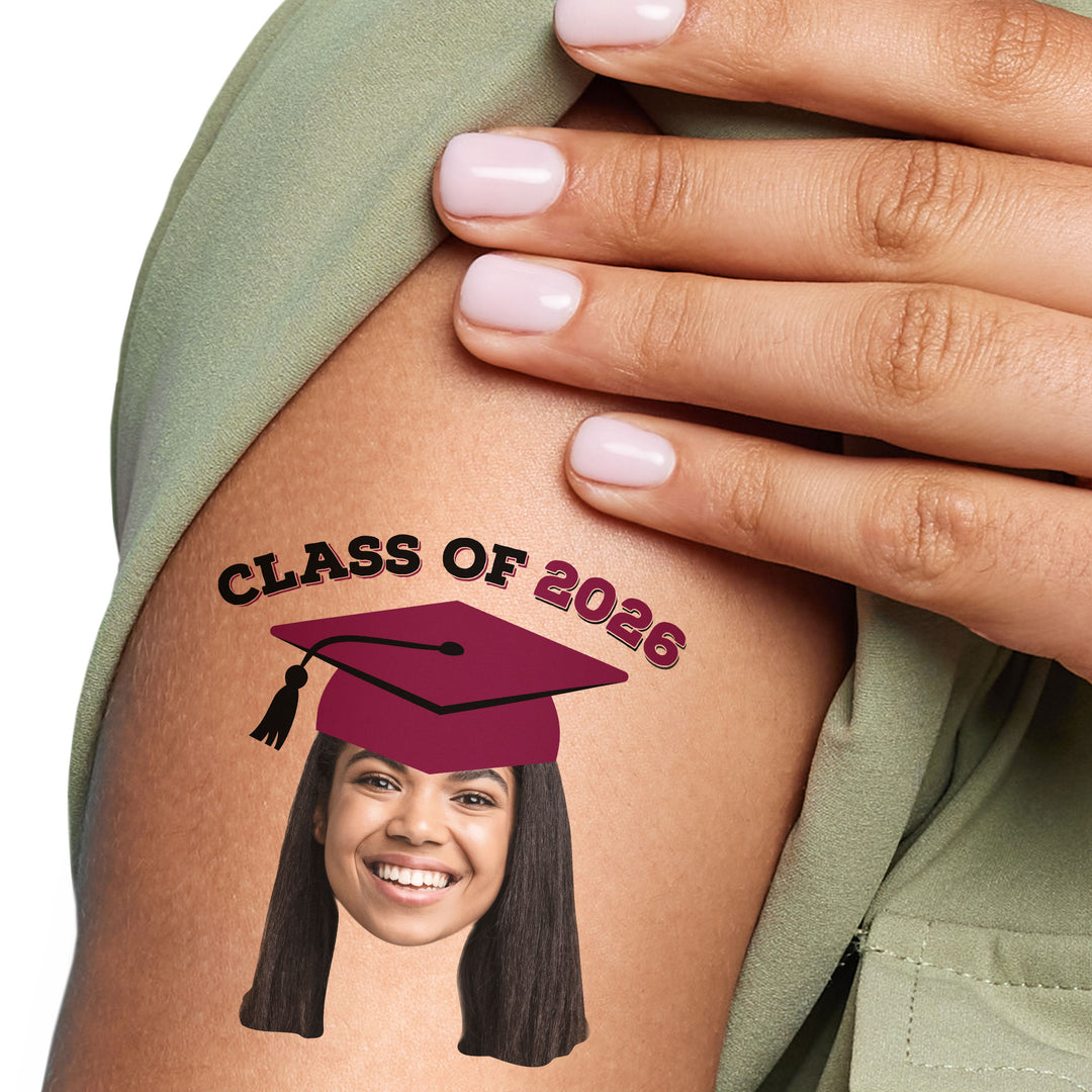 Custom Maroon Grad Cap Temporary Tattoos - 12 Ct