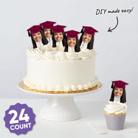 Custom Fun Face Maroon Grad Cap Treat Picks - 24 Ct