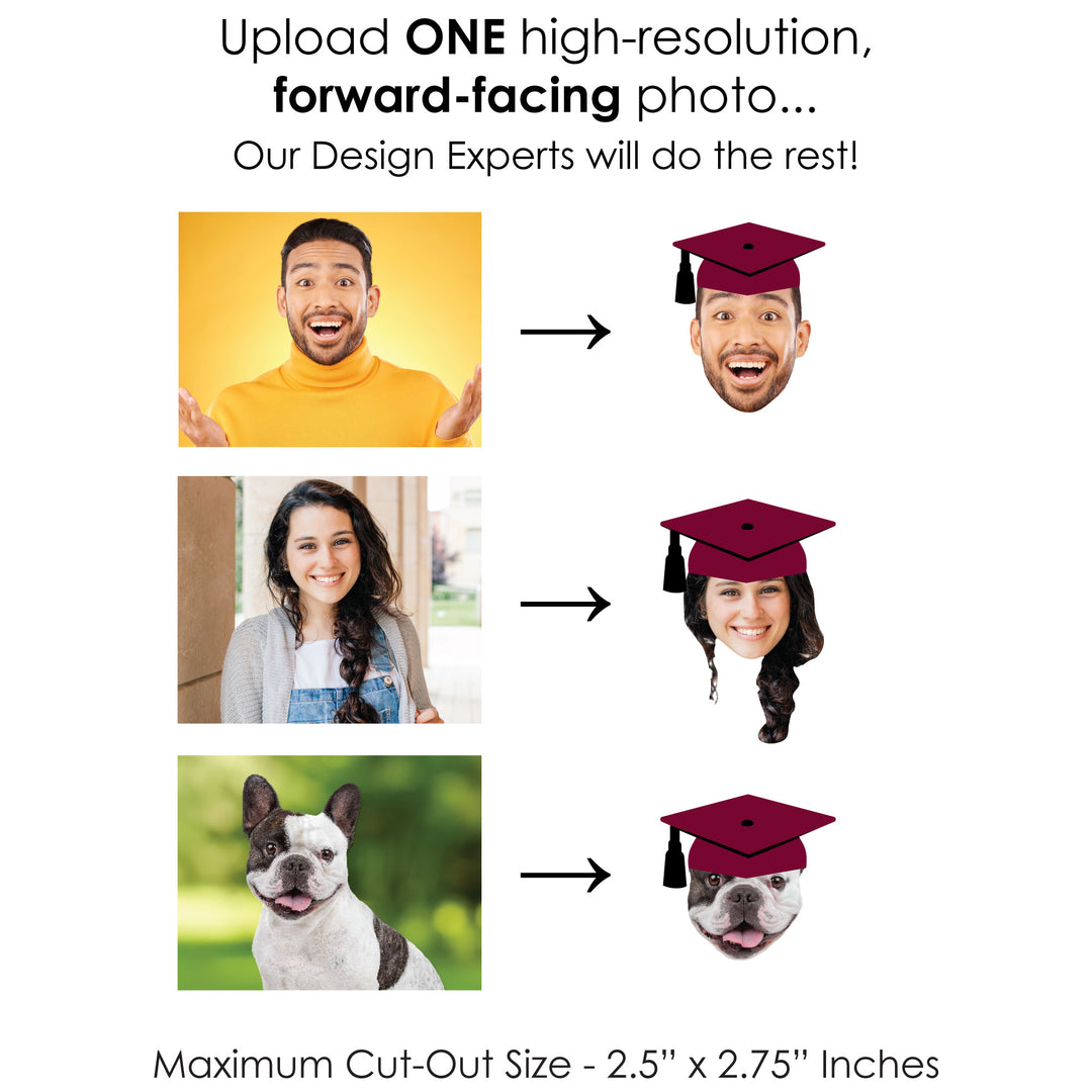 Custom Fun Face Maroon Grad Cap Treat Picks - 24 Ct
