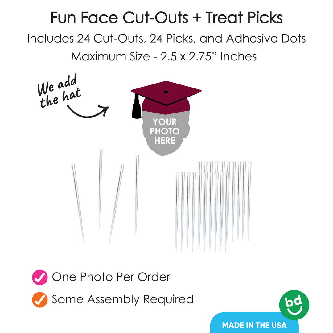 Custom Fun Face Maroon Grad Cap Treat Picks - 24 Ct