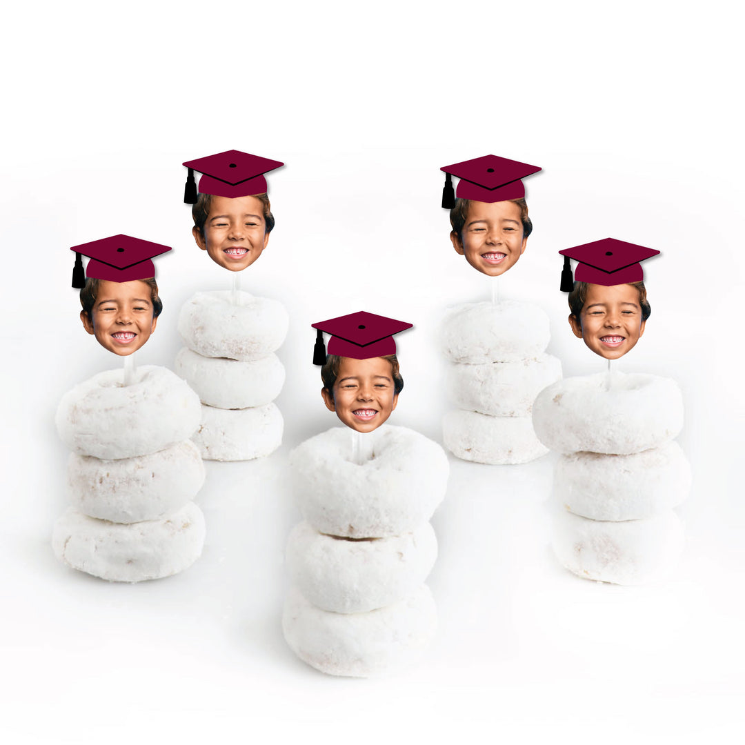 Custom Fun Face Maroon Grad Cap Treat Picks - 24 Ct