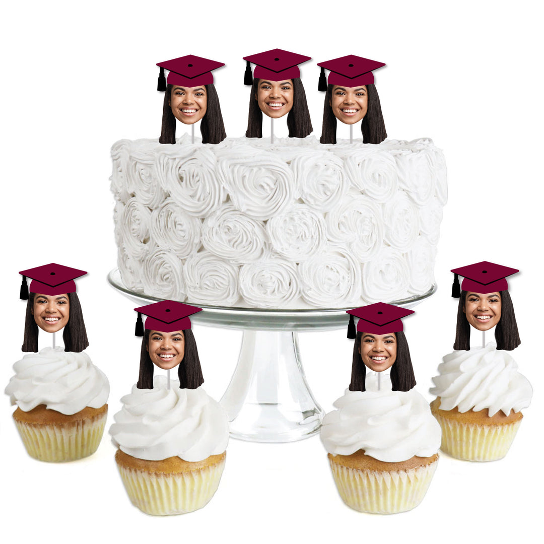 Custom Fun Face Maroon Grad Cap Treat Picks - 24 Ct