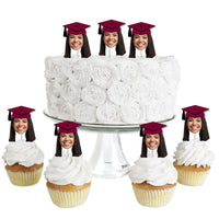 Custom Fun Face Maroon Grad Cap Treat Picks - 24 Ct