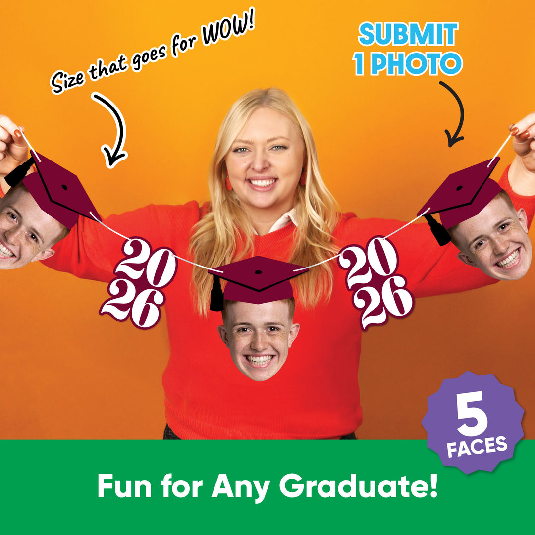 Five custom graduation face cutouts with maroon number set