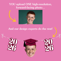 Promotional graphic for a photo customization service with a pink background, text, and a photo placeholder.