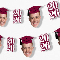 Maroon graduation fun face garland banner with photo cutouts