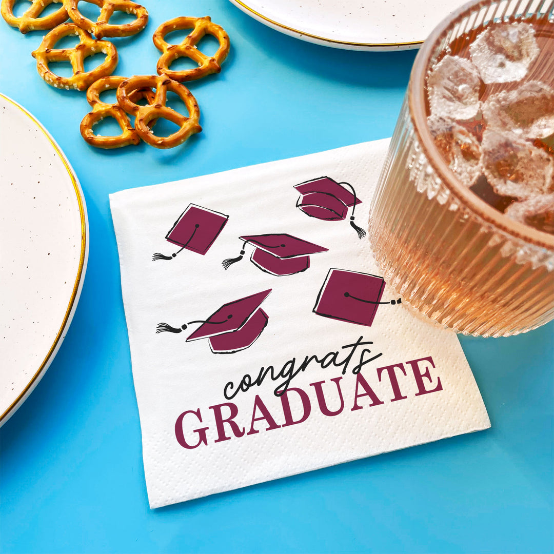 Maroon graduation napkin one-sided print detail