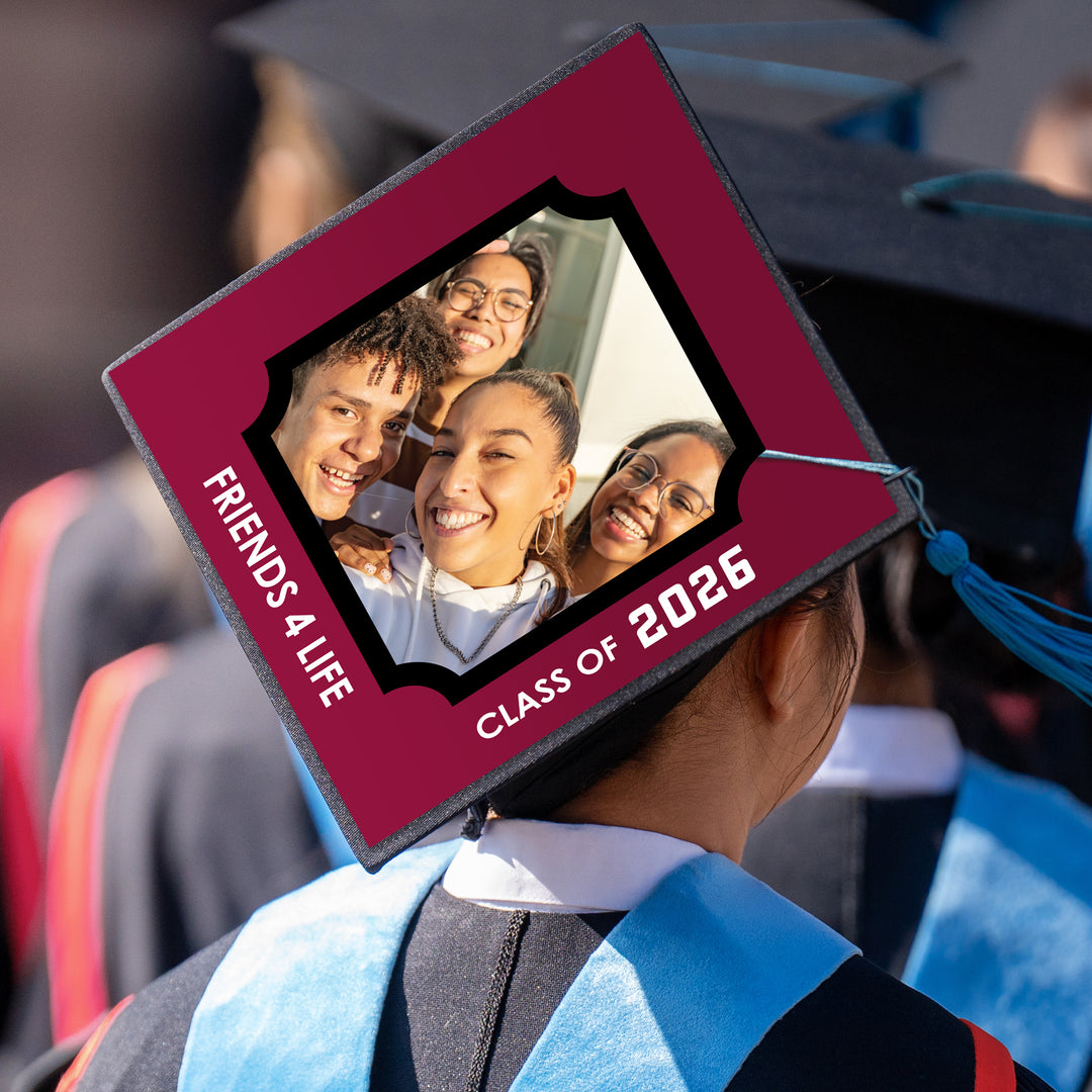 Styled maroon graduation cap with personalized topper