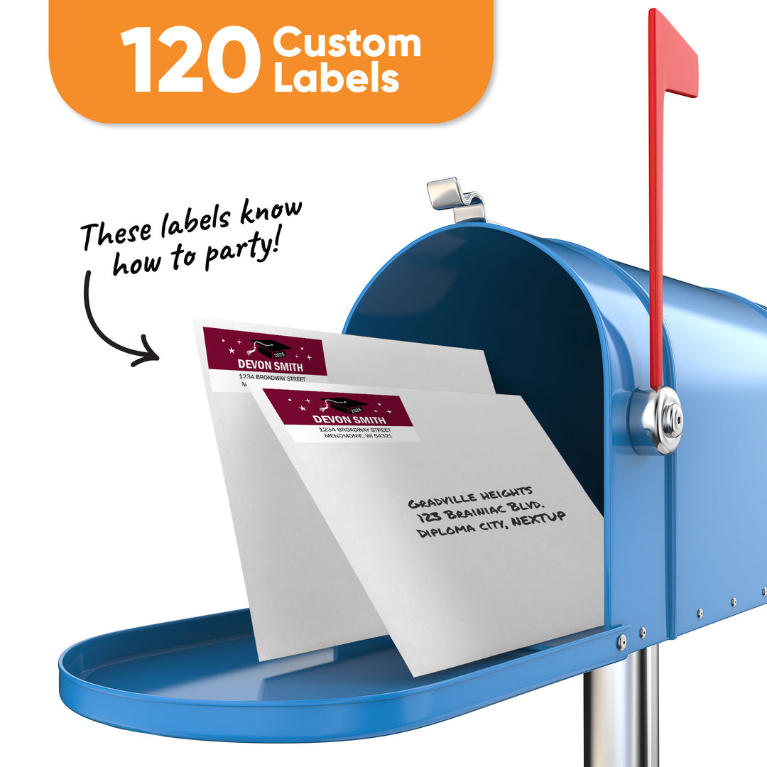 Custom Text Maroon Graduation Return Address Labels - 120 Ct