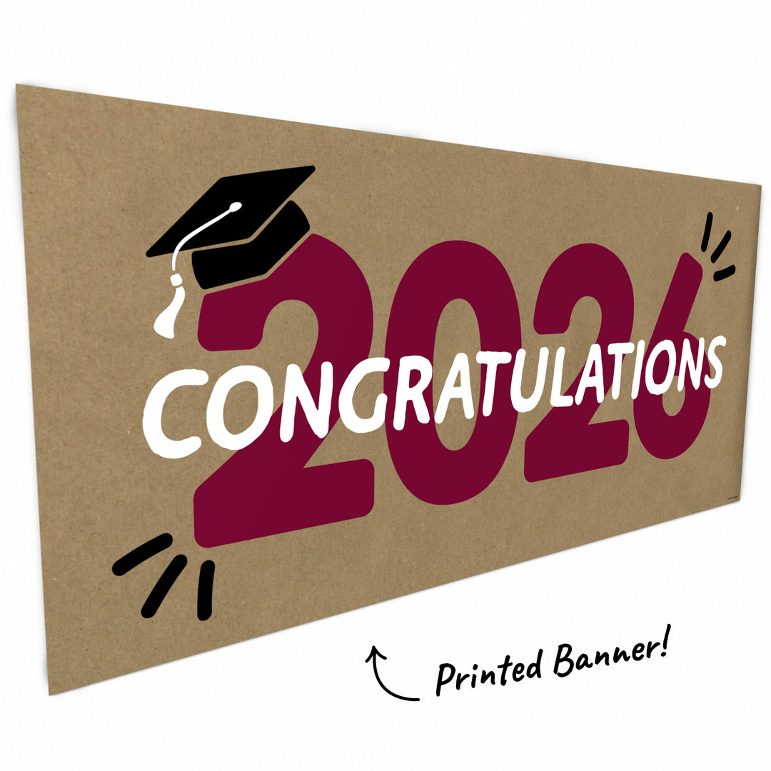 Maroon 2026 graduation banner close-up