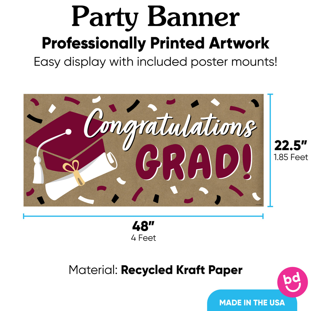 Maroon graduation banner printed on recycled kraft paper