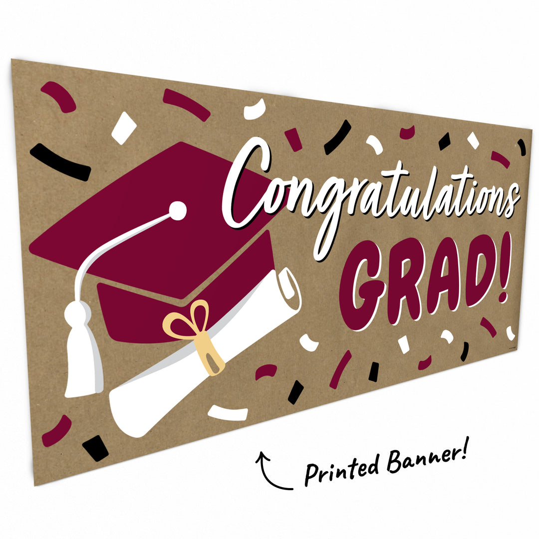 Maroon hand-painted style graduation banner close-up
