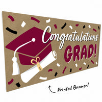 Maroon hand-painted style graduation banner close-up