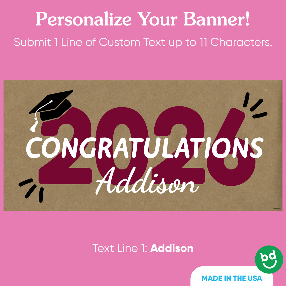Custom name maroon 2026 graduation banner