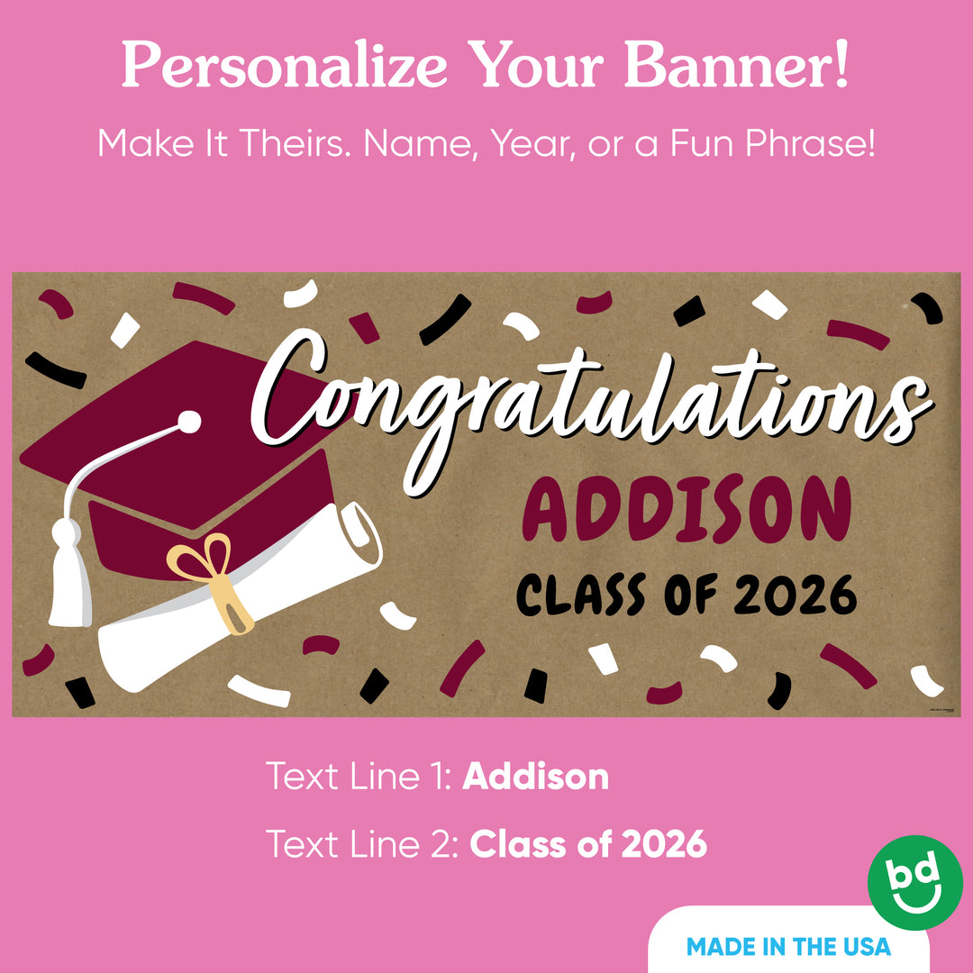Custom name maroon graduation banner on kraft paper