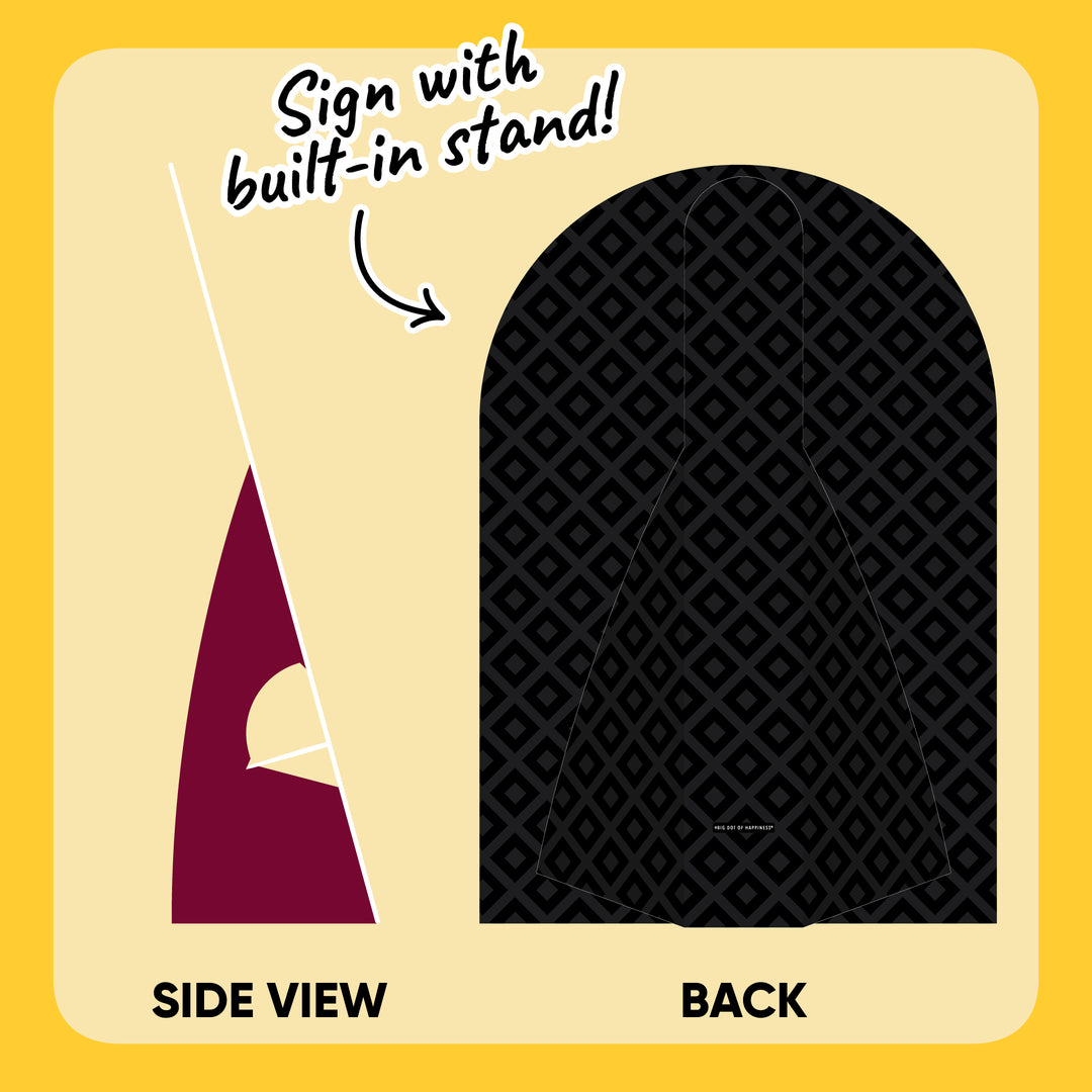 Back of maroon graduation party sign with fold-out tabletop stand