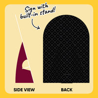 Back of maroon graduation party sign with fold-out tabletop stand