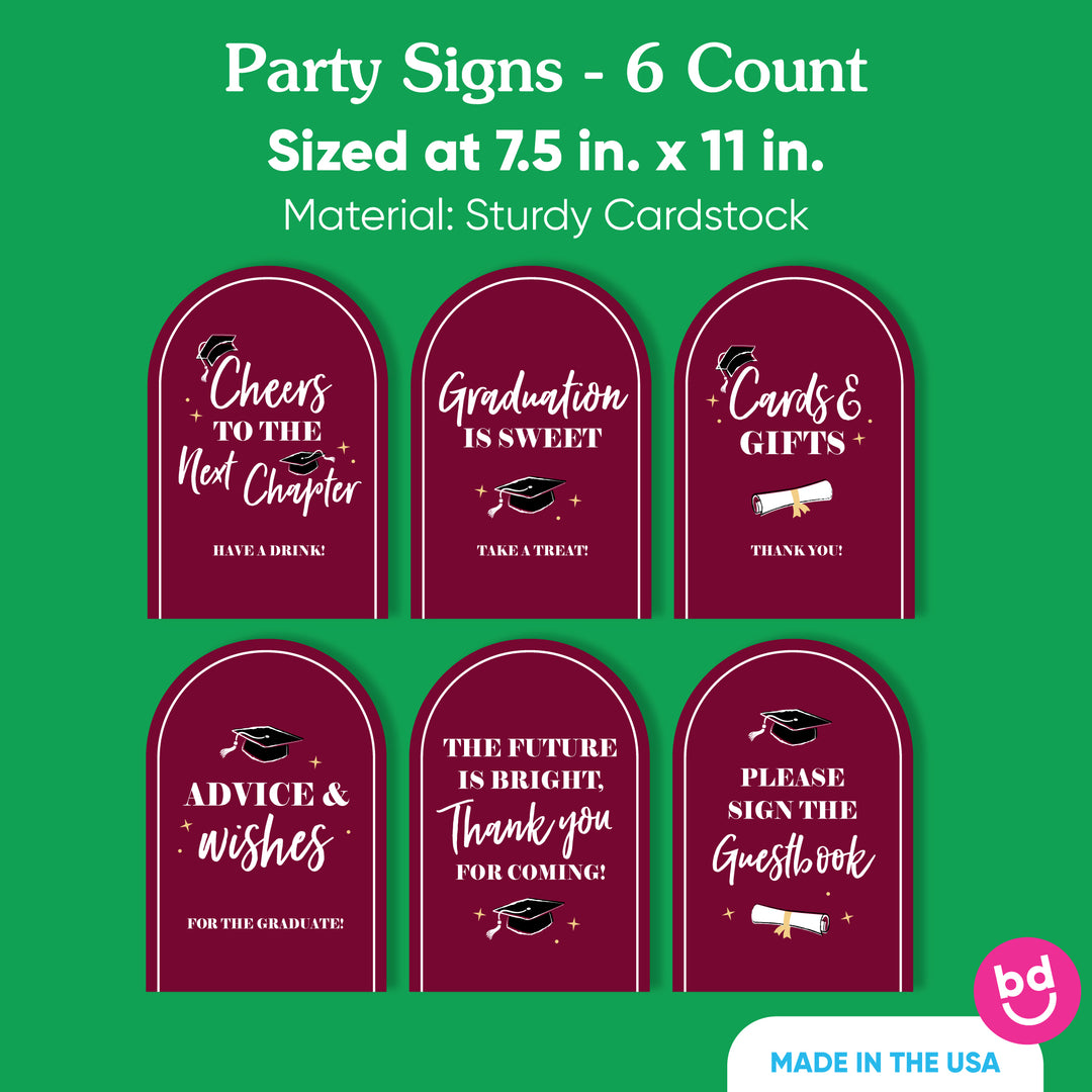Set of six maroon graduation party table signs for gifts, favors, and guestbook