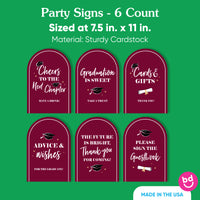 Set of six maroon graduation party table signs for gifts, favors, and guestbook