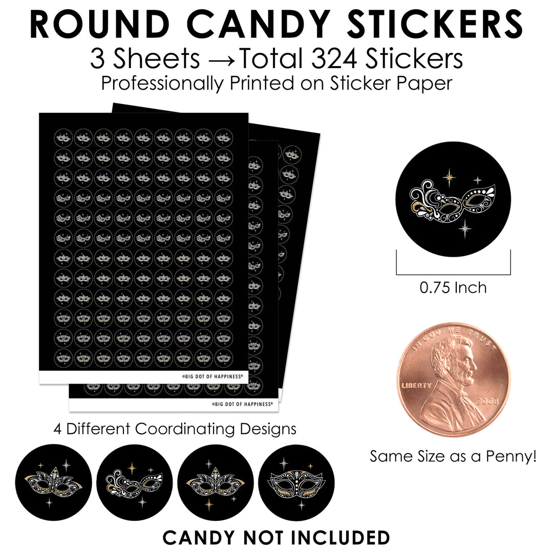 Masquerade - Venetian Mask Party Small Round Candy Stickers - Party Favor Labels - 324 Count