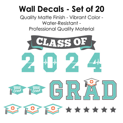 Medical School Grad - Peel and Stick 2024 Doctor Graduation Party Vinyl Wall Art Stickers - Wall Decals - Set of 20
